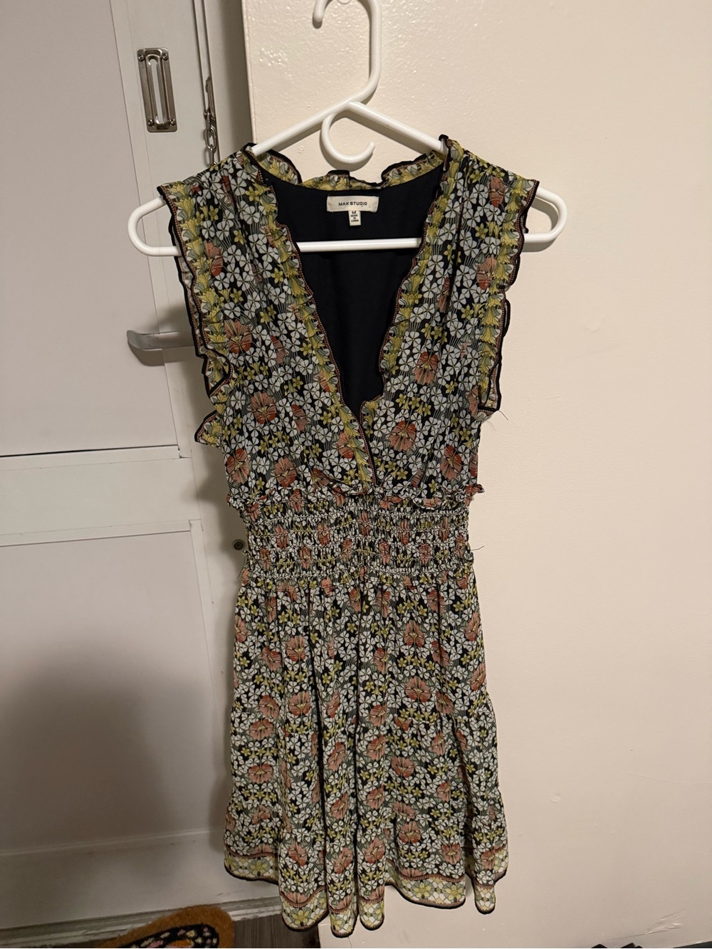 Max Studio Black Floral Smocked V-Neck Mini Dress